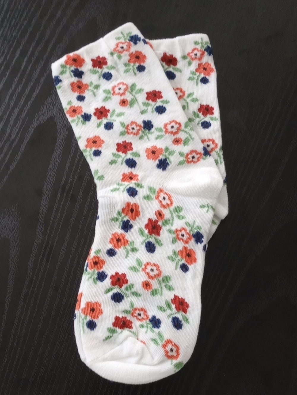 White Ditsy Floral Crew Socks with Coral, Navy & Green Floral Print